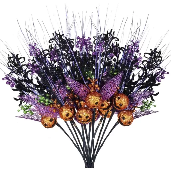 8 Pcs Halloween Branches Picks Stems Glitter Fake Twig Bush with Pumpkin Berries Black Faux Twigs and Branches for Vases Haunted House Gothic Floral Decor Artificial Berry Stems for VasePumpkinPumpkin