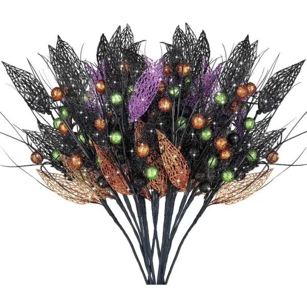 8 Pcs Halloween Branches Picks Stems Glitter Fake Twig Bush with Pumpkin Berries Black Faux Twigs and Branches for Vases Haunted House Gothic Floral Decor Artificial Berry Stems for VasePumpkinBerries