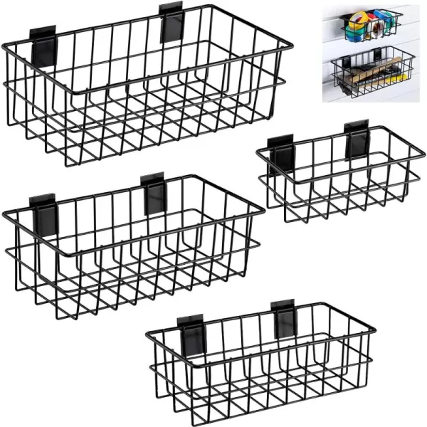 Geosar 4 Pcs Slatwall Baskets Ventilated Metal Slatwall Baskets Hanging Storage Baskets for PVC Slatwall Mounted Slatwall Accessories for Shops Rooms Storage Display Organizing Black