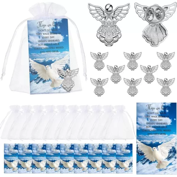 Geosar Set of 25 Memorial Angel Sign Pins Set Funeral Pocket Token Guardian Pocket Angel Pins Lucky Peace Dove Sign Poem Cards White Organza Bags Gift Bag Angel Charms Presents Religious EnglishEnglish