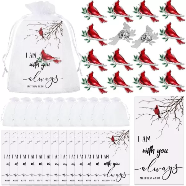 Set of 50 Memorial Cardinal Sign Pins Set Funeral Pocket Token Guardian Pocket Oil Dropped Cardinal Pins I Am with You Always Poem Cards White Organza Bags Gift Bag Cardinal Charms Presents Religious