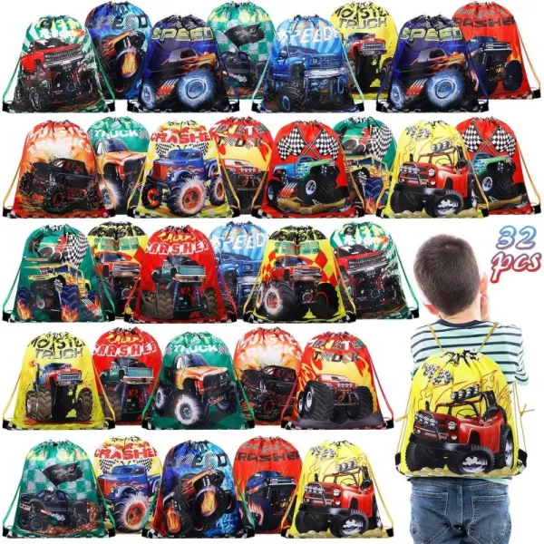 Truck Party Gifts Bags Racing Truck Drawstring Backpack Colorful Truck Goodie Bags Candy Favor Storage Supplies for Kids Birthday Party Decoration Stylish Style 24 PiecesClassic Style
