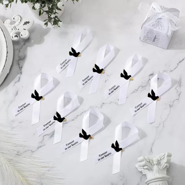 50 Pcs Dove Funeral Ribbons Memorial Ribbon Funeral Pins Classic Memorial Service Respect Ribbon Bow with Safety Pins and Dove for Mourning Remembrance Day Funeral Event WhiteWhite