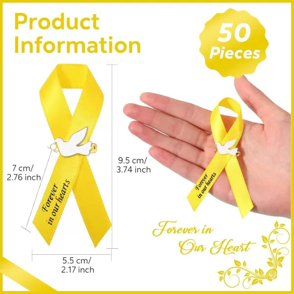 50 Pcs Dove Funeral Ribbons Memorial Ribbon Funeral Pins Classic Memorial Service Respect Ribbon Bow with Safety Pins and Dove for Mourning Remembrance Day Funeral Event WhiteYellow