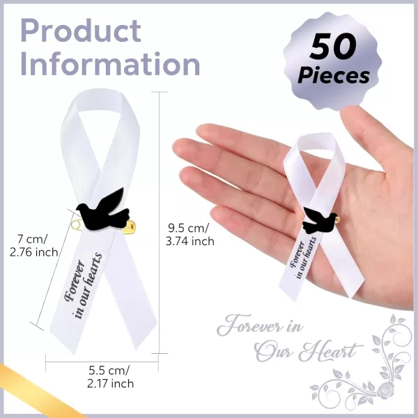 50 Pcs Dove Funeral Ribbons Memorial Ribbon Funeral Pins Classic Memorial Service Respect Ribbon Bow with Safety Pins and Dove for Mourning Remembrance Day Funeral Event WhiteWhite