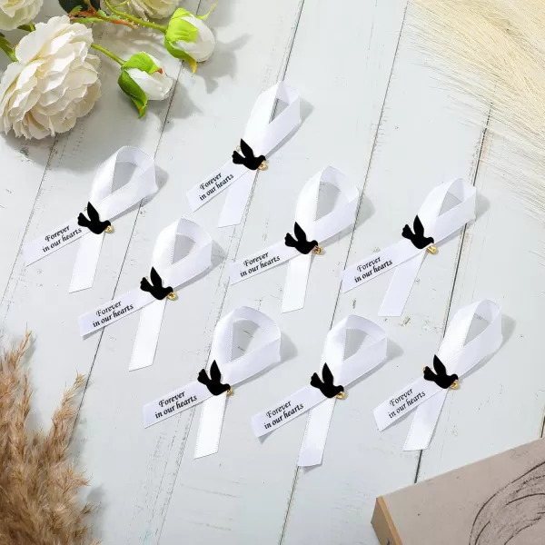 50 Pcs Dove Funeral Ribbons Memorial Ribbon Funeral Pins Classic Memorial Service Respect Ribbon Bow with Safety Pins and Dove for Mourning Remembrance Day Funeral Event WhiteWhite