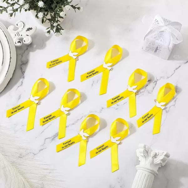 50 Pcs Dove Funeral Ribbons Memorial Ribbon Funeral Pins Classic Memorial Service Respect Ribbon Bow with Safety Pins and Dove for Mourning Remembrance Day Funeral Event WhiteYellow