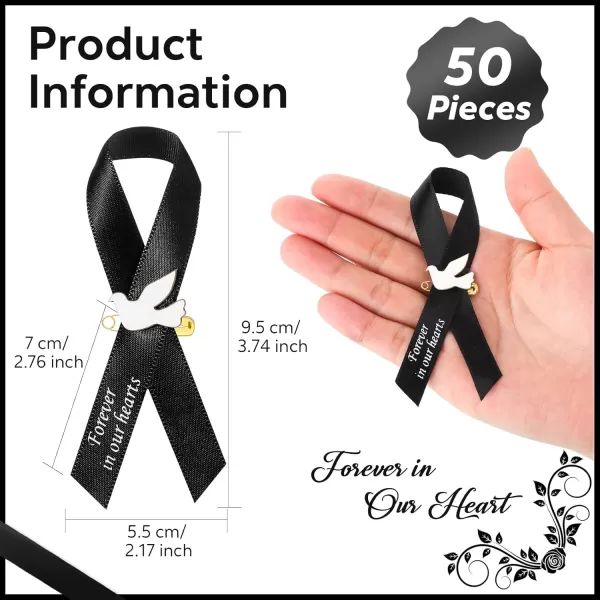 50 Pcs Dove Funeral Ribbons Memorial Ribbon Funeral Pins Classic Memorial Service Respect Ribbon Bow with Safety Pins and Dove for Mourning Remembrance Day Funeral Event WhiteBlack