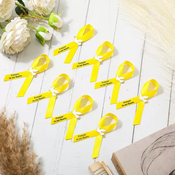 50 Pcs Dove Funeral Ribbons Memorial Ribbon Funeral Pins Classic Memorial Service Respect Ribbon Bow with Safety Pins and Dove for Mourning Remembrance Day Funeral Event WhiteYellow