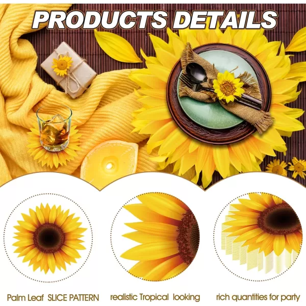 Geosar 200 Disposable Paper Placemats and Coasters Set Summer Hawaiian Luau Placemat with Coasters Outdoor Indoor for Greenery Jungle Dining Table Decoration Shower BirthdayGold RoundSunflower