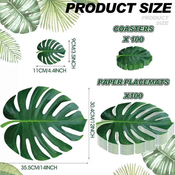 Geosar 200 Disposable Paper Placemats and Coasters Set Summer Hawaiian Luau Placemat with Coasters Outdoor Indoor for Greenery Jungle Dining Table Decoration Shower BirthdayGold RoundPalm Leaf