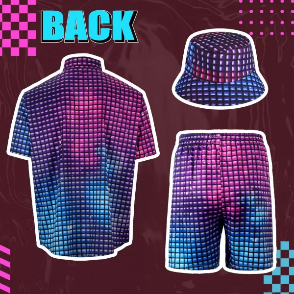 Geosar Mens 2 Pcs 80s 90s Outfit for Men Hippie Shirts and Shorts Set with Hat Neon Disco Halloween Party Costume Clothes