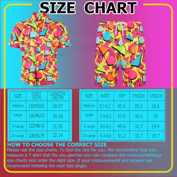 Geosar Mens 2 Pcs 80s 90s Outfit for Men Hippie Shirts and Shorts Set with Hat Neon Disco Halloween Party Costume ClothesChic Color