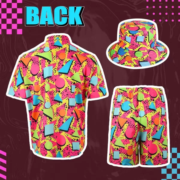 Geosar Mens 2 Pcs 80s 90s Outfit for Men Hippie Shirts and Shorts Set with Hat Neon Disco Halloween Party Costume ClothesChic Color