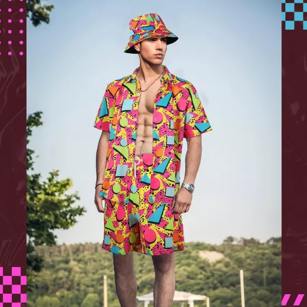 Geosar Mens 2 Pcs 80s 90s Outfit for Men Hippie Shirts and Shorts Set with Hat Neon Disco Halloween Party Costume ClothesChic Color