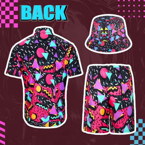 Geosar Mens 2 Pcs 80s 90s Outfit for Men Hippie Shirts and Shorts Set with Hat Neon Disco Halloween Party Costume ClothesFresh Color