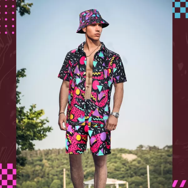 Geosar Mens 2 Pcs 80s 90s Outfit for Men Hippie Shirts and Shorts Set with Hat Neon Disco Halloween Party Costume ClothesFresh Color