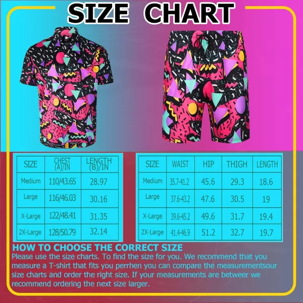 Geosar Mens 2 Pcs 80s 90s Outfit for Men Hippie Shirts and Shorts Set with Hat Neon Disco Halloween Party Costume ClothesFresh Color