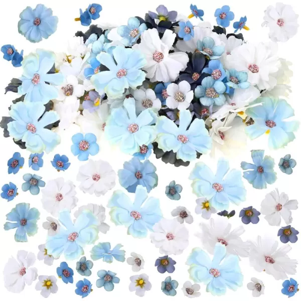 120 Pcs Mini Faux Flowers for Crafts Heads Artificial Small Fabric Silk Daisy Peony Decorations Garland DIY Wreath Accessories for Wedding Home Party Decor MulticolorBlue Series