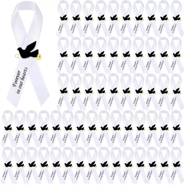 50 Pcs Dove Funeral Ribbons Memorial Ribbon Funeral Pins Classic Memorial Service Respect Ribbon Bow with Safety Pins and Dove for Mourning Remembrance Day Funeral Event WhiteWhite