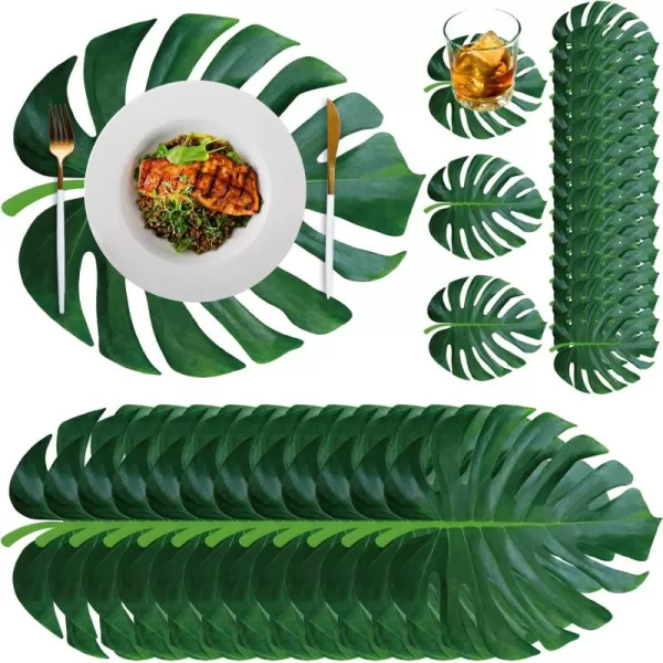 Geosar 200 Disposable Paper Placemats and Coasters Set Summer Hawaiian Luau Placemat with Coasters Outdoor Indoor for Greenery Jungle Dining Table Decoration Shower BirthdayGold RoundPalm Leaf