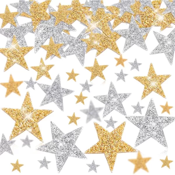 Geosar 60 Pcs Iron on Star Patches Star Shape Rhinestone Appliques Adhesive Glitter Star Patches Rhinestone Appliques Embellishments Patches for DIY Gold SilverMixed Size