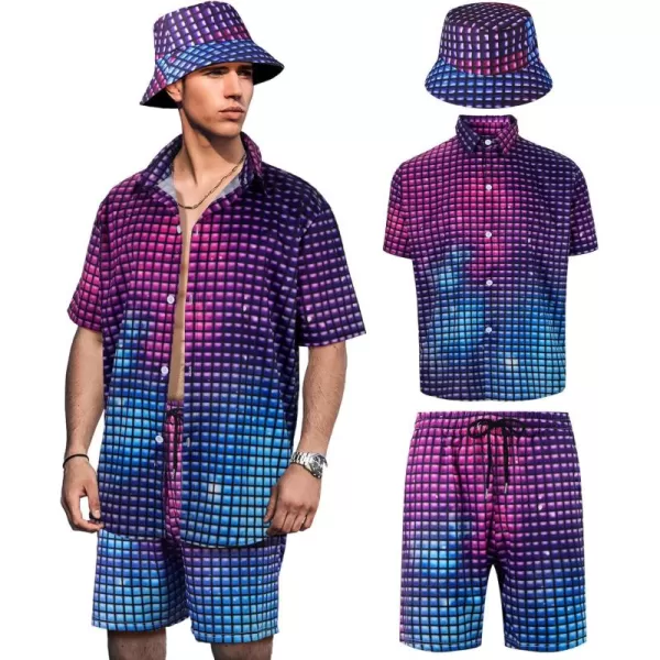 Geosar Mens 2 Pcs 80s 90s Outfit for Men Hippie Shirts and Shorts Set with Hat Neon Disco Halloween Party Costume Clothes