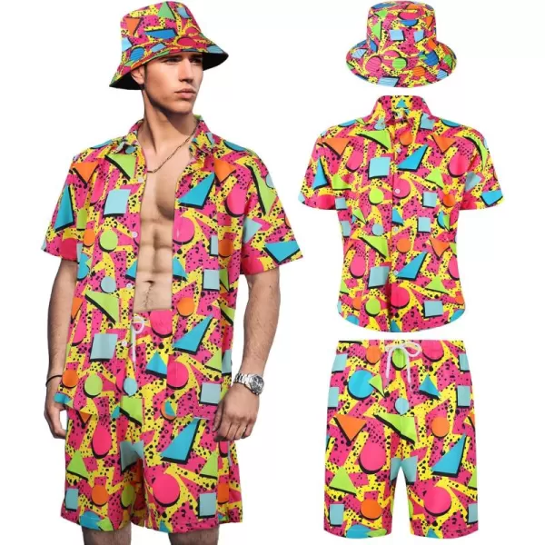 Geosar Mens 2 Pcs 80s 90s Outfit for Men Hippie Shirts and Shorts Set with Hat Neon Disco Halloween Party Costume ClothesChic Color