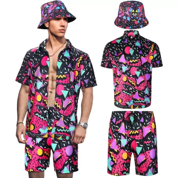 Geosar Mens 2 Pcs 80s 90s Outfit for Men Hippie Shirts and Shorts Set with Hat Neon Disco Halloween Party Costume ClothesFresh Color