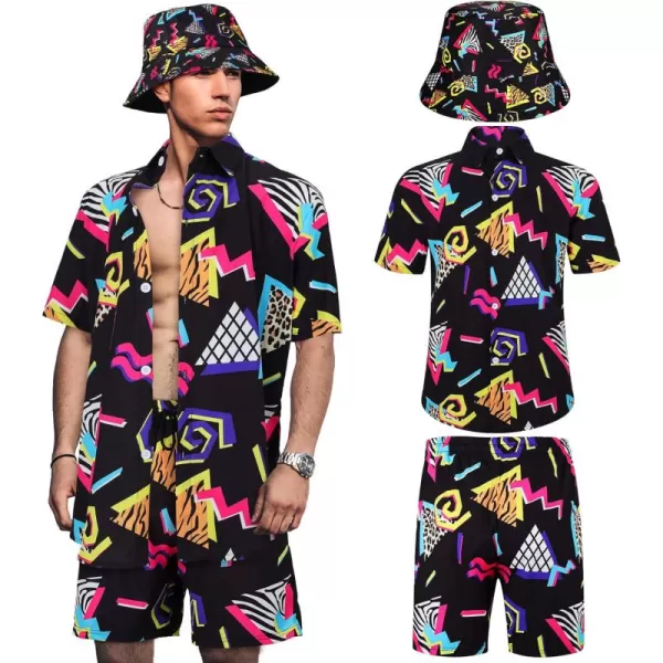 Geosar Mens 2 Pcs 80s 90s Outfit for Men Hippie Shirts and Shorts Set with Hat Neon Disco Halloween Party Costume ClothesStylish Color