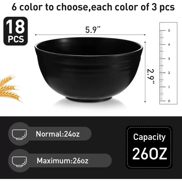 18 Pcs Unbreakable Cereal Bowls 24 Oz Microwave and Dishwasher Safe Wheat Straw Fiber Lightweight Bowl Soup Bowl Microwavable Kitchen Bowl for Serving Salad Pasta OatmealBlackBlack