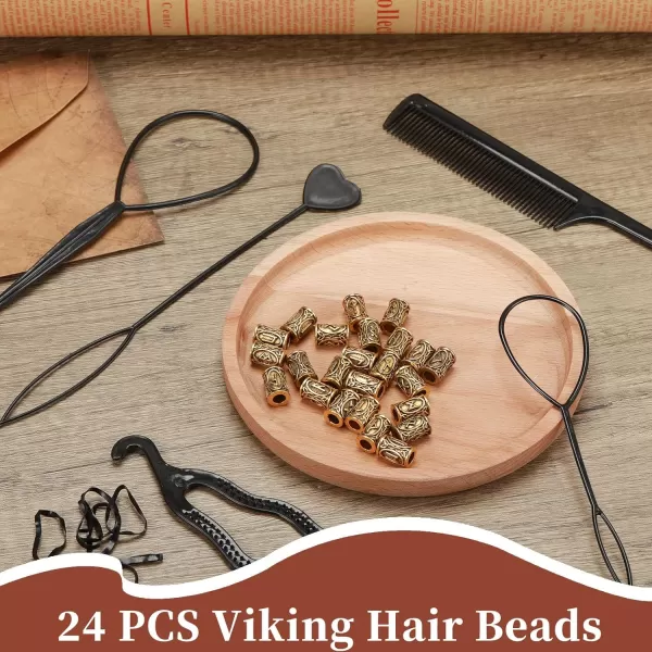 24 Piece Norse Vikings Runes Hair Beard Beads for Bracelets Necklace Accessories DIY Includes 7 Pieces Pull Hair Pin Quick Beader Hair Tool and Black Rubber Bands for Women MenGold