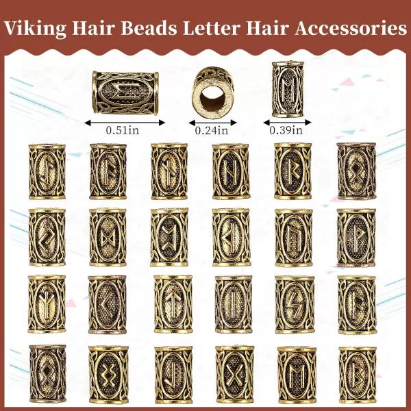 24 Piece Norse Vikings Runes Hair Beard Beads for Bracelets Necklace Accessories DIY Includes 7 Pieces Pull Hair Pin Quick Beader Hair Tool and Black Rubber Bands for Women MenGold