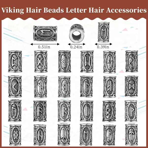 24 Piece Norse Vikings Runes Hair Beard Beads for Bracelets Necklace Accessories DIY Includes 7 Pieces Pull Hair Pin Quick Beader Hair Tool and Black Rubber Bands for Women MenSilver