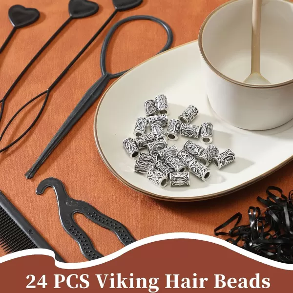 24 Piece Norse Vikings Runes Hair Beard Beads for Bracelets Necklace Accessories DIY Includes 7 Pieces Pull Hair Pin Quick Beader Hair Tool and Black Rubber Bands for Women MenSilver