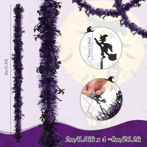 264 Feet Halloween Tinsel Garland Includes 4 Pieces 66 Feet Each Witch Metallic Purple Black Twist Garland Halloween Tinsel Twist Garland Decoration for Indoor Outdoor Halloween Decor