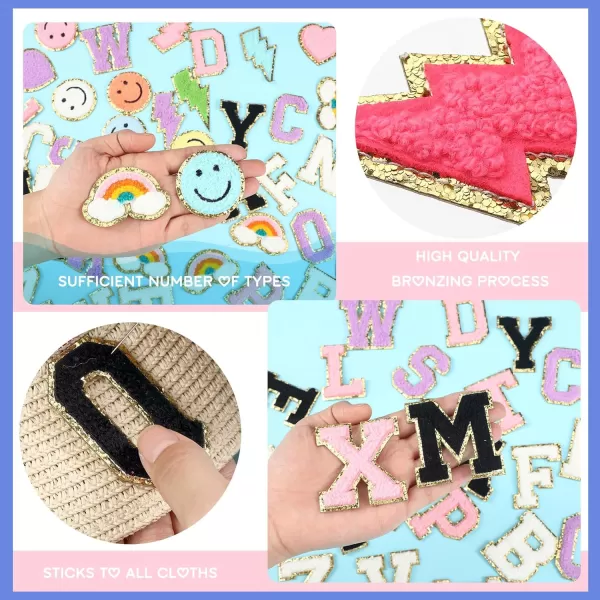 54 Pcs Self Adhesive Chenille Letters Patches Glitter Rainbow Chenille Patches Preppy Cute Sew Patches Christmas Varsity Letter Patches Craft for DIY Clothing Backpack Bag Pink Letter217 InchMix Color