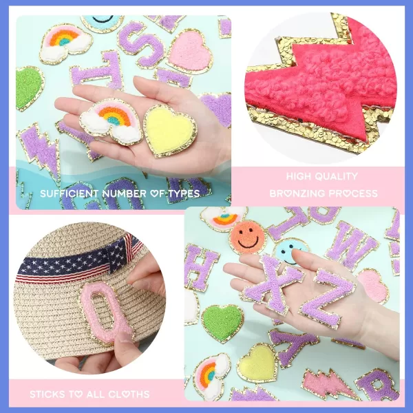 54 Pcs Self Adhesive Chenille Letters Patches Glitter Rainbow Chenille Patches Preppy Cute Sew Patches Christmas Varsity Letter Patches Craft for DIY Clothing Backpack Bag Pink Letter217 InchPurple Letter