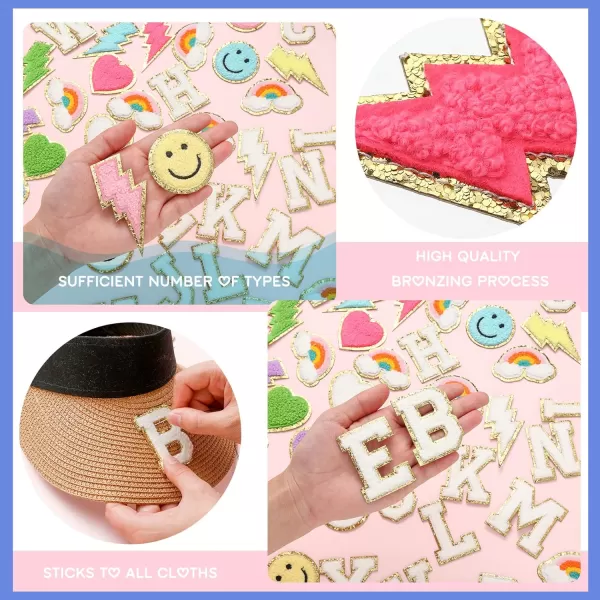 54 Pcs Self Adhesive Chenille Letters Patches Glitter Rainbow Chenille Patches Preppy Cute Sew Patches Christmas Varsity Letter Patches Craft for DIY Clothing Backpack Bag Pink Letter217 InchWhite Letter