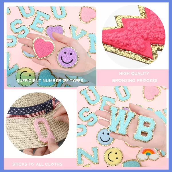 54 Pcs Self Adhesive Chenille Letters Patches Glitter Rainbow Chenille Patches Preppy Cute Sew Patches Christmas Varsity Letter Patches Craft for DIY Clothing Backpack Bag Pink Letter217 InchBlue Letter