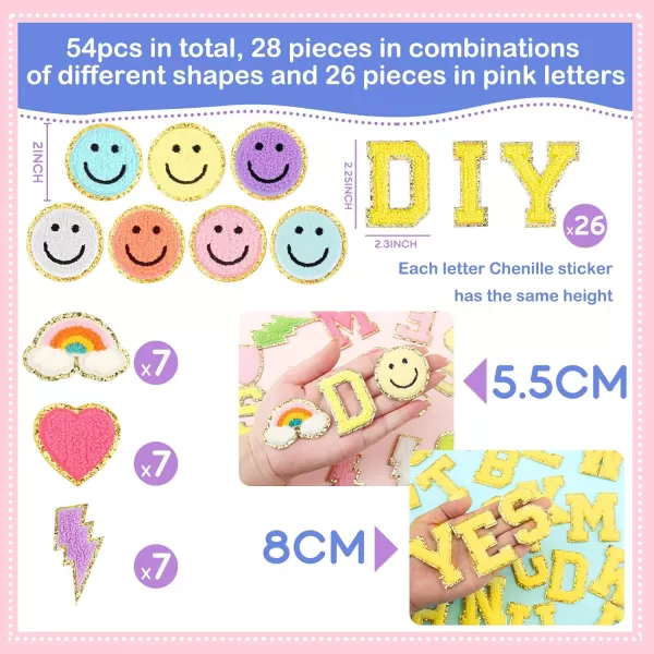 54 Pcs Self Adhesive Chenille Letters Patches Glitter Rainbow Chenille Patches Preppy Cute Sew Patches Christmas Varsity Letter Patches Craft for DIY Clothing Backpack Bag Pink Letter217 InchYellow Letter