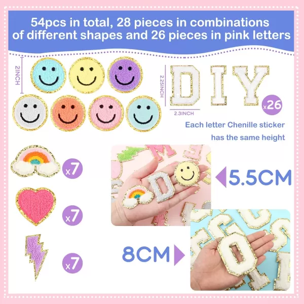 54 Pcs Self Adhesive Chenille Letters Patches Glitter Rainbow Chenille Patches Preppy Cute Sew Patches Christmas Varsity Letter Patches Craft for DIY Clothing Backpack Bag Pink Letter217 InchWhite Letter