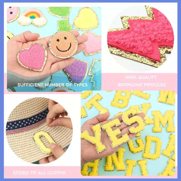 54 Pcs Self Adhesive Chenille Letters Patches Glitter Rainbow Chenille Patches Preppy Cute Sew Patches Christmas Varsity Letter Patches Craft for DIY Clothing Backpack Bag Pink Letter217 InchYellow Letter