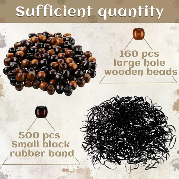 663 Pieces Wooden Hair Beads Set Including 160 Barrel Wood Beads European Wood Loose Beads 500 Black Elastic Hair Bands with 3 Quick Beader Black Light Brown White Brown 063 x 063 x 032 InchLight Brown  Brown