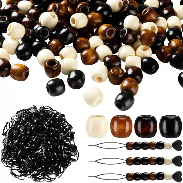 663 Pieces Wooden Hair Beads Set Including 160 Barrel Wood Beads European Wood Loose Beads 500 Black Elastic Hair Bands with 3 Quick Beader Black Light Brown White Brown 063 x 063 x 032 InchBlack  Light Brown  White  Brown