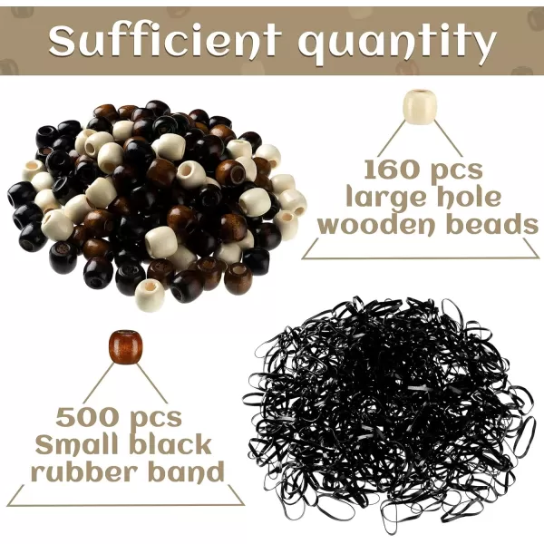 663 Pieces Wooden Hair Beads Set Including 160 Barrel Wood Beads European Wood Loose Beads 500 Black Elastic Hair Bands with 3 Quick Beader Black Light Brown White Brown 063 x 063 x 032 InchBlack  Light Brown  White  Brown