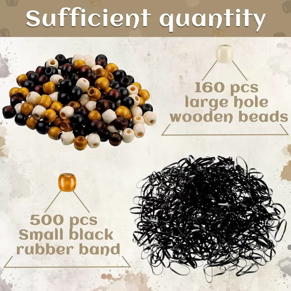 663 Pieces Wooden Hair Beads Set Including 160 Barrel Wood Beads European Wood Loose Beads 500 Black Elastic Hair Bands with 3 Quick Beader Black Light Brown White Brown 063 x 063 x 032 InchBlack  Light Brown  White  Brown