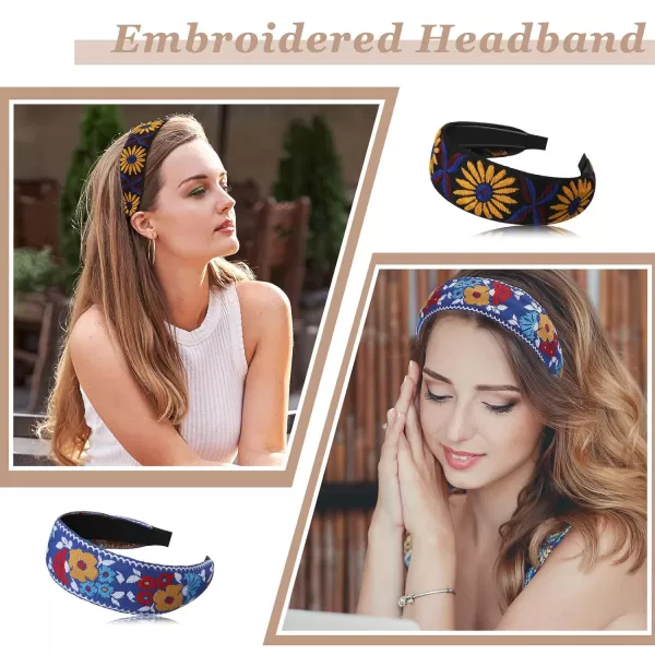 9 Pack Boho Headband Embroidery Headband for Women Bohemia Handmade Wide Headbands Vintage Ethnic Style Hair Bands Hair Turban Floral Embroidered Headband for Girls Hair Accessories 9 Styles