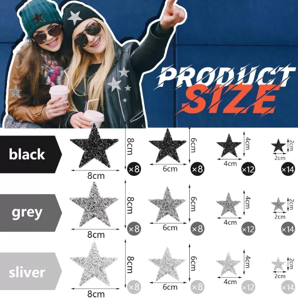 Geosar 120 Pieces Star Rhinestone Appliques Iron on Star Patches Rhinestone Glitter Star Patches Bling Appliques for DIY Crafts Clothes Bag Pants Wedding Decoration in 4 SizesSilver GoldBlack  Sliver  Grey