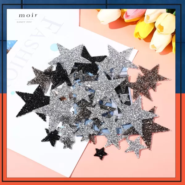 Geosar 120 Pieces Star Rhinestone Appliques Iron on Star Patches Rhinestone Glitter Star Patches Bling Appliques for DIY Crafts Clothes Bag Pants Wedding Decoration in 4 SizesSilver GoldBlack  Sliver  Grey